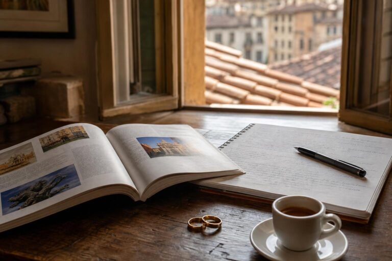 Livro de italiano, caderno de anotações e alianças sobre uma mesa, com telhados italianos ao fundo
